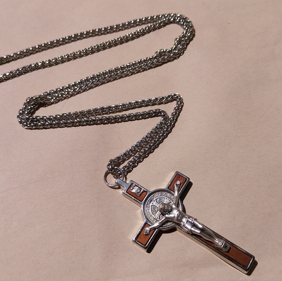 Silver & Brown Crucifix Pendant Necklace - Picture 9 of 10